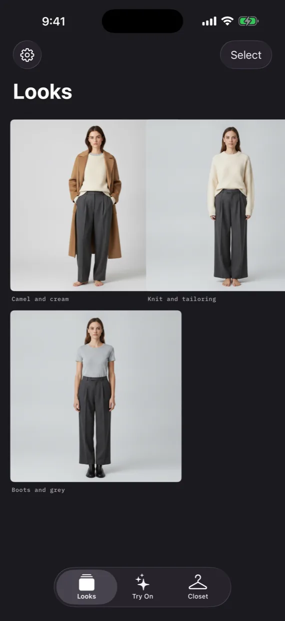 The Looks tab, showing three saved AI try-on results