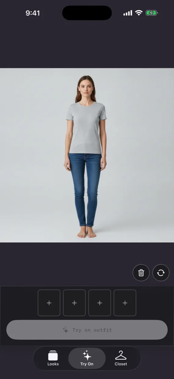 The Try On tab, showing a full-body photo above four empty outfit slots